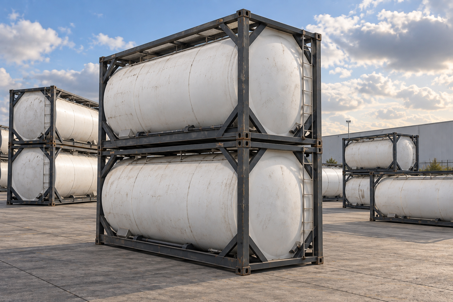 Stacked ISO tank containers in blue frames for liquid and gas freight