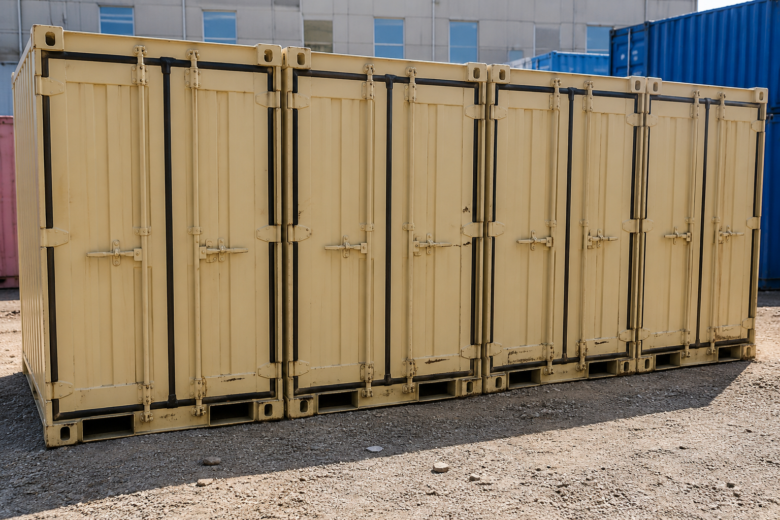 Row of tan military Quadcon modular containers with double cargo doors in a yard