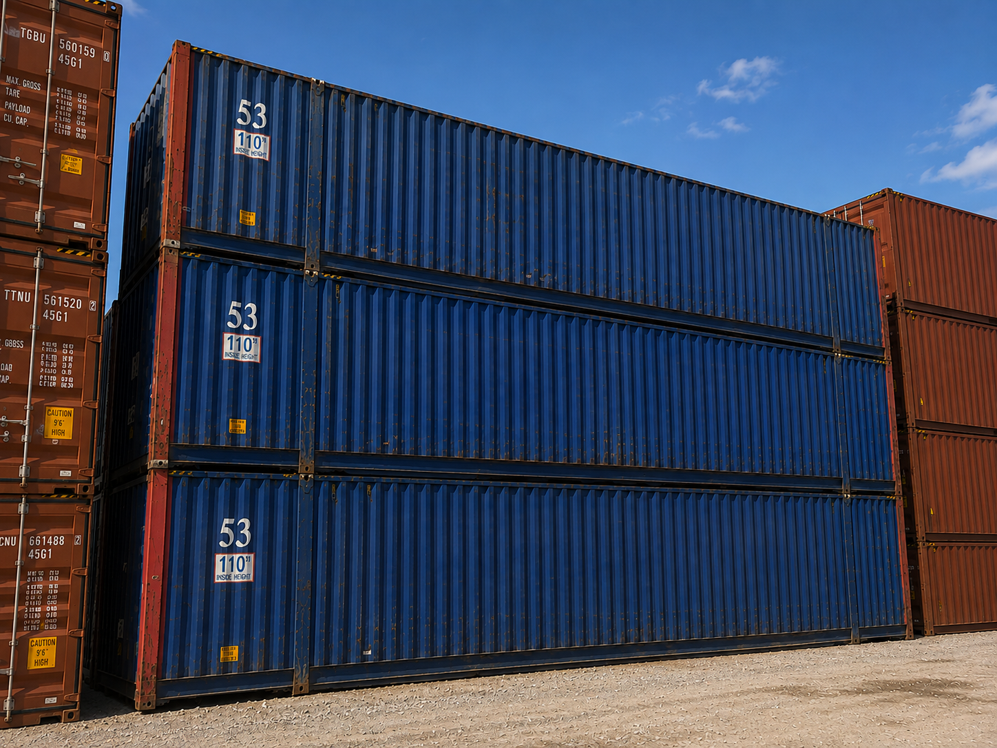 Stack of blue 53-foot high cube intermodal containers with red frames in a container yard