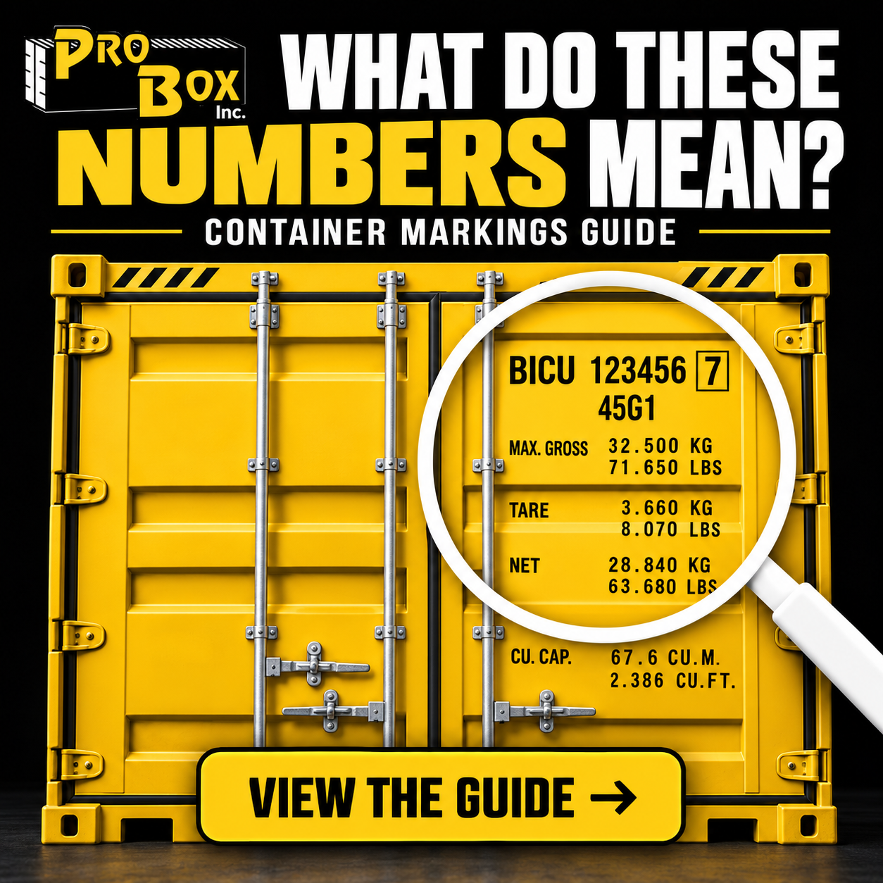 What do these numbers mean? Container markings guide graphic showing a magnified container door with the identification number, max gross, tare, net and cubic capacity