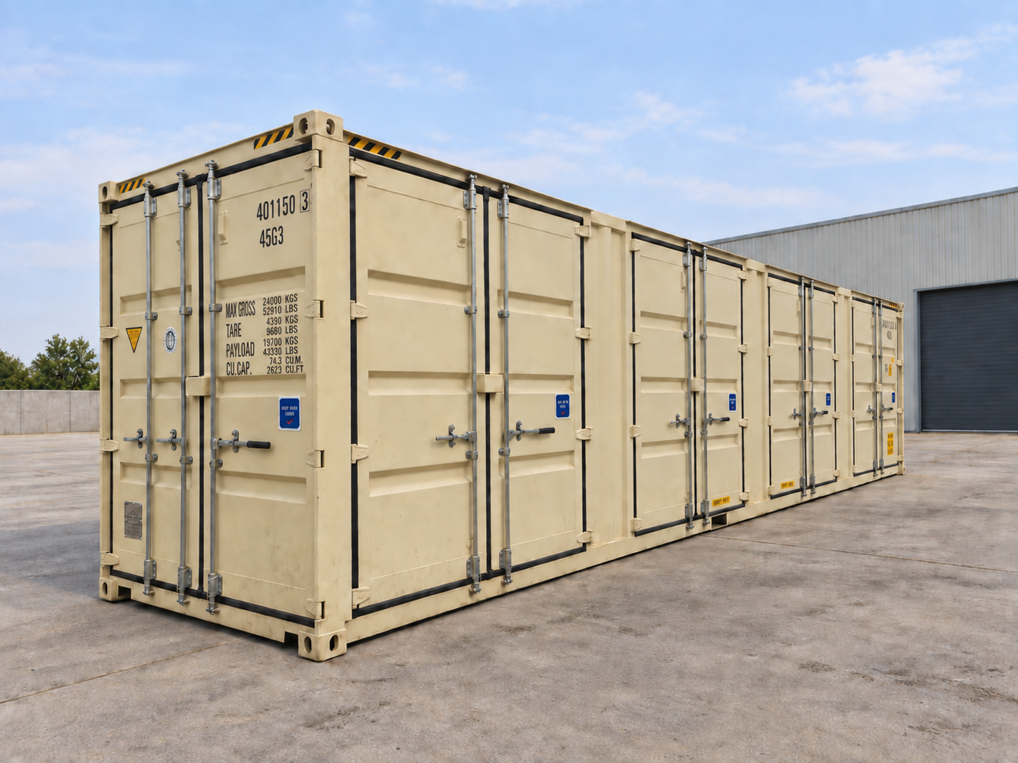 Beige 40-foot high cube open side container parked on a concrete yard, showing four separate side door sections divided by steel pillars, with end cargo doors and weight markings visible