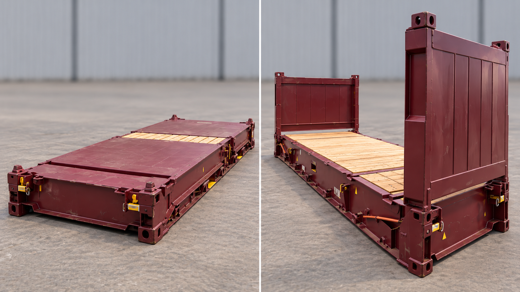 Collapsible flat rack shown with end walls folded down and locked upright, available in 20' and 40' lengths