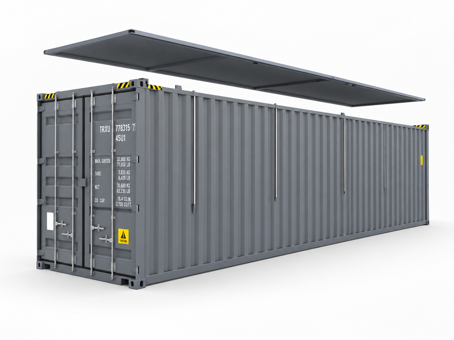 40-foot hard top container with a removable gray steel roof