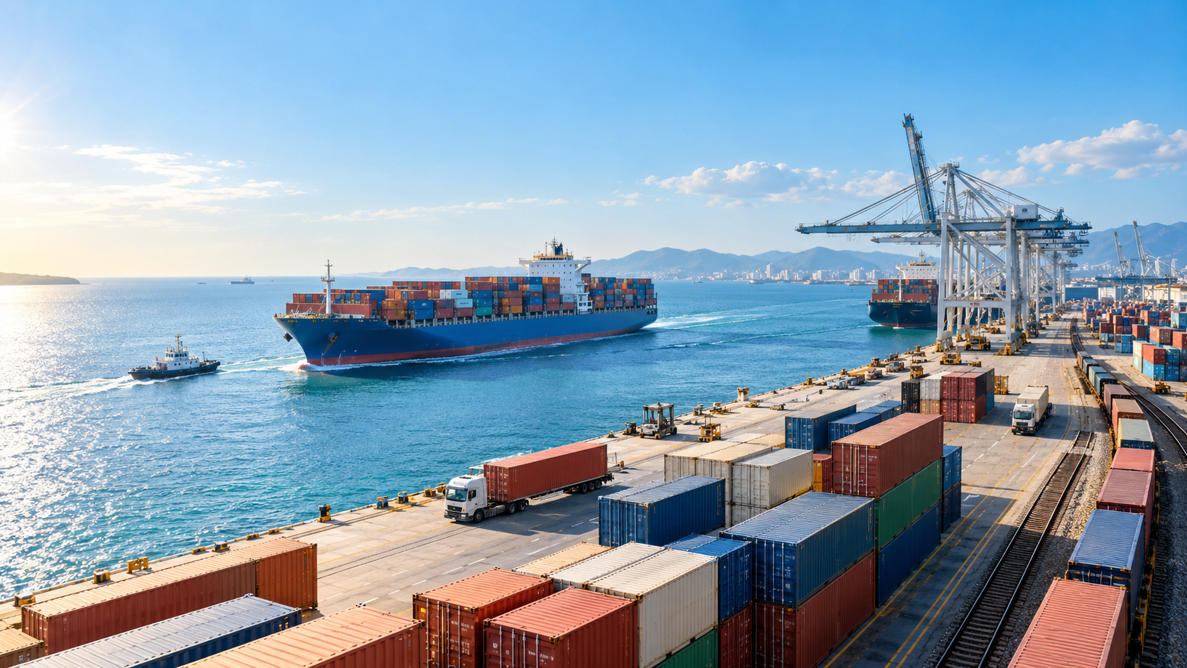 Container terminal with loaded cargo vessel, gantry cranes, trucks and stacked containers ready for movement