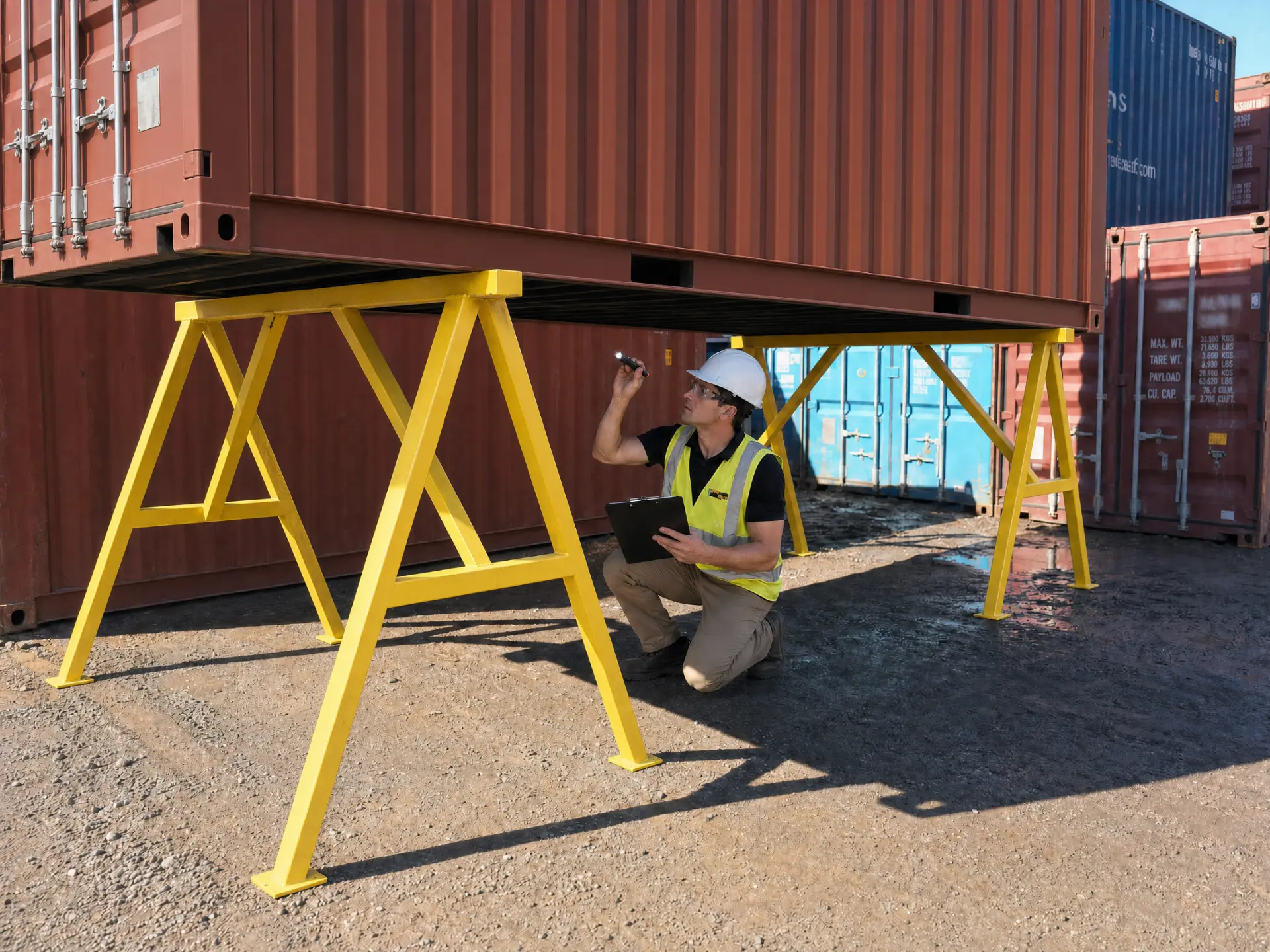 Container inspector examining the underside of a shipping container on yellow stands