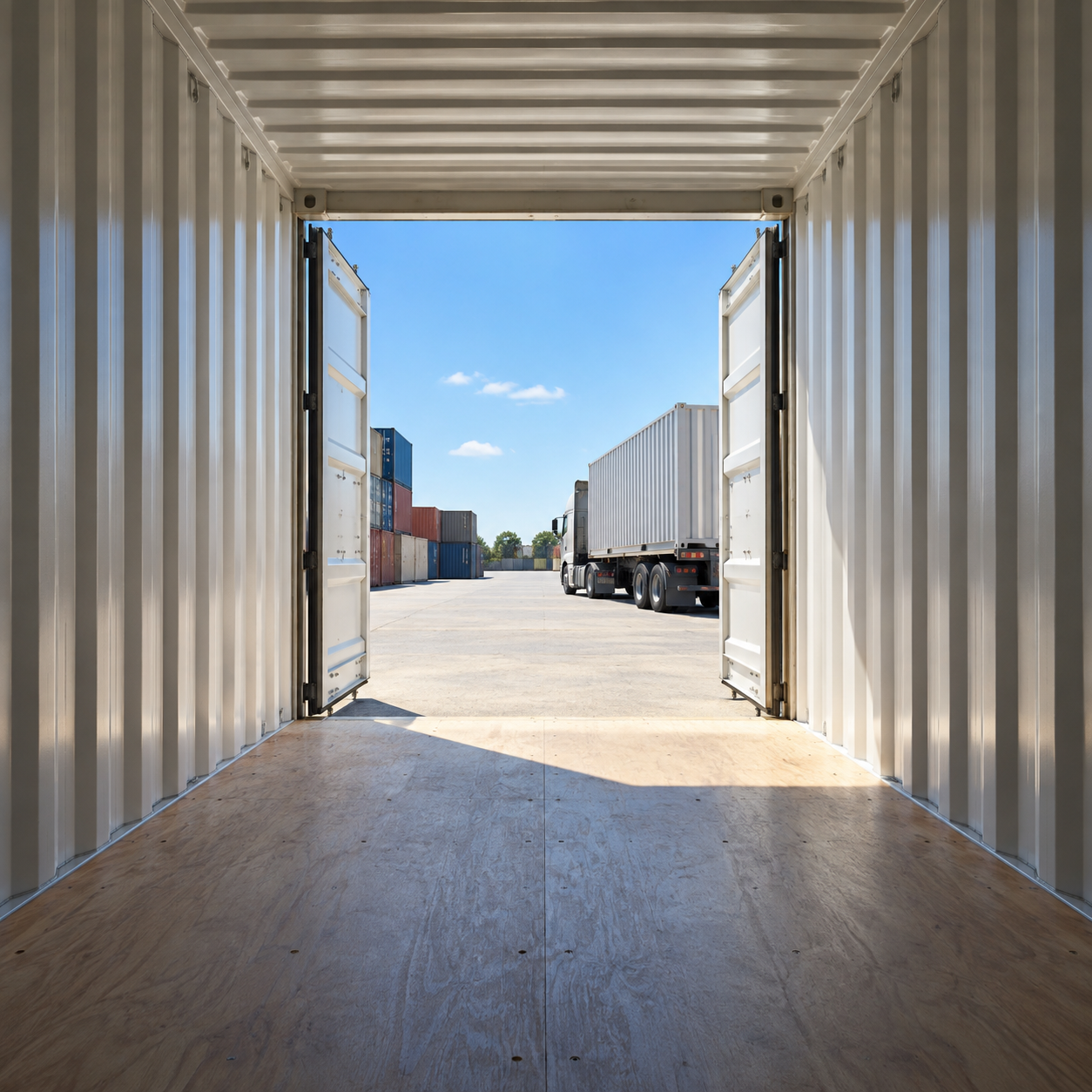 View from inside an open shipping container looking out across a container yard with stacked containers and a truck