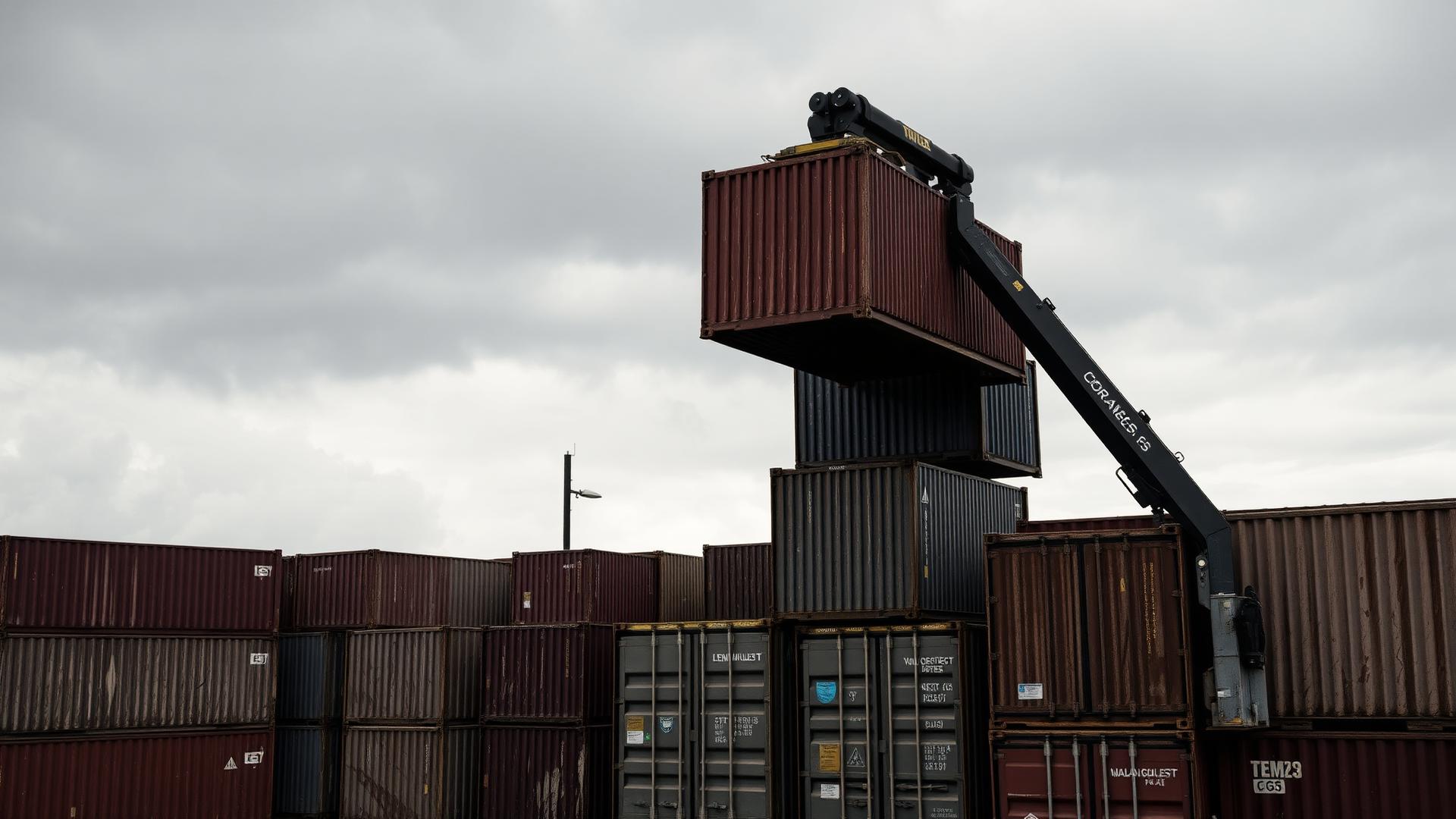Stacked steel shipping containers and container handling equipment at work