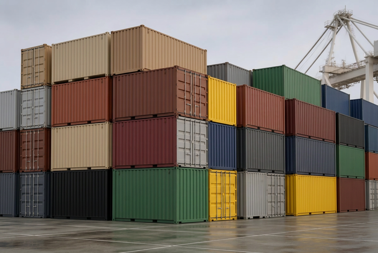 Stacked intermodal shipping containers at a supply depot